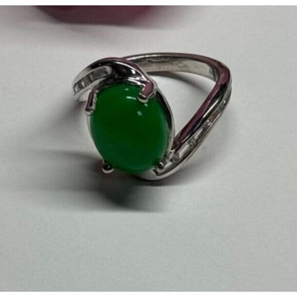 D'Joy 925 STERLING SILVER GREEN NEPHRITE & WHITE BERYL RING SIZE 6.5 - Picture 3 of 9